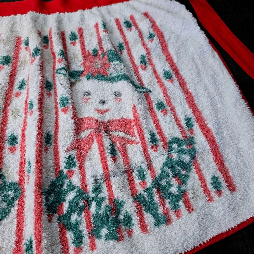 Vintage Christmas Terry Cloth Half Apron Snowmen Red White Waist Tie